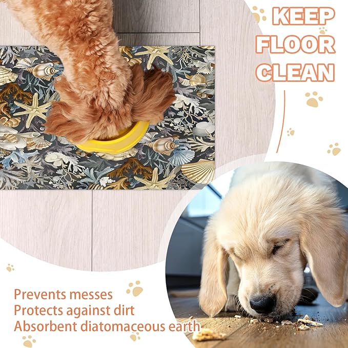 Nautical Coastal Dog Food Mat for Floors Absorbent Dog Bowl Mat for Food and Water Dispenser Quick Dry Cat Food Placemat Pet Supplies 16" x 24", Vintage Seashell