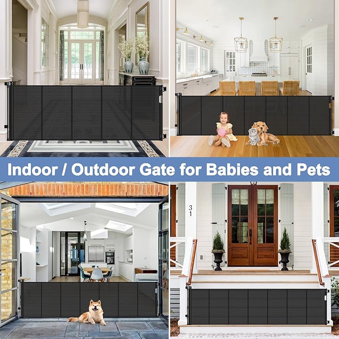 Reinforced 90 Inch Retractable Baby Gates Extra Wide Baby Gate with Reinforced Strips, 7.5ft Long Retractable Dog Gate for The House 33 Inch Tall Extra Long Pet Gates for Wide Openings, Black