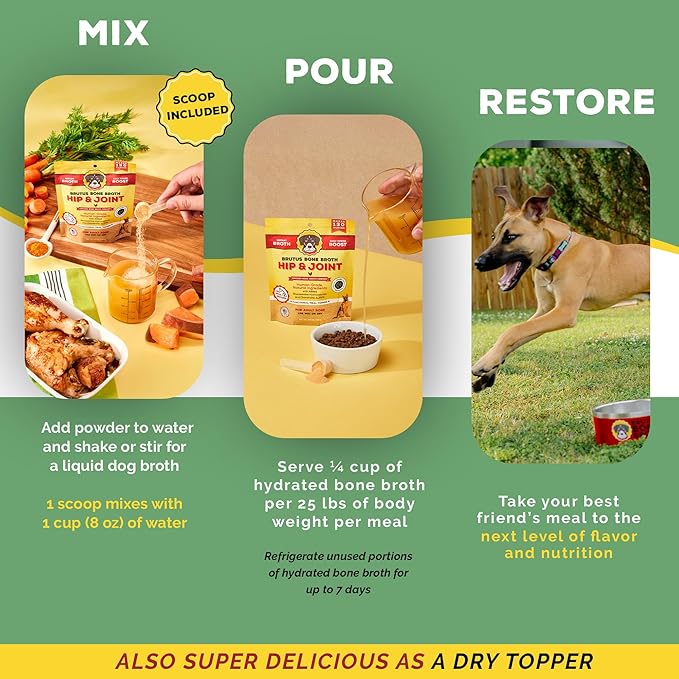 Brutus Broth Dog Food Topper - Instant Bone Broth Powder for Dogs - Supports Hip and Joint Function - Human-Grade Quality - Serve Dry or Wet - Chicken Flavor - 3.5 oz Pack (Makes 130 oz with Water)