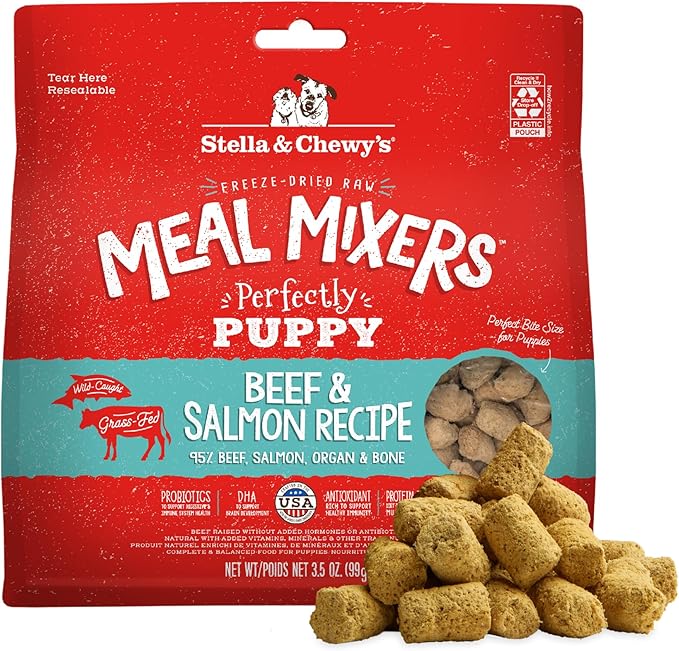 Stella & Chewy's Freeze Dried Raw Meal Mixers – Crafted for Puppies – Grain Free, Protein Rich Perfectly Puppy Beef & Salmon Recipe – 3.5 oz Bag