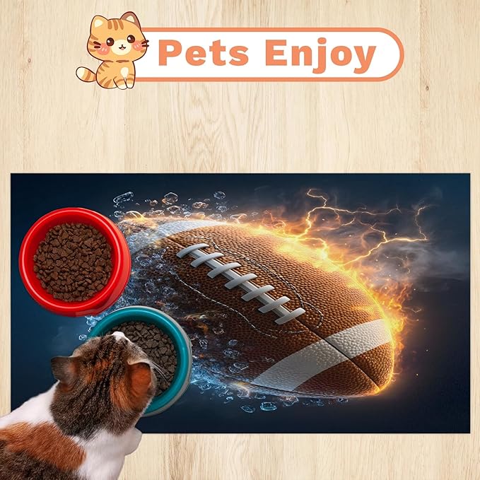 Sports Rugby Dog Food Mat for Floors Absorbent, Quick Dry Water Dispenser Mat for Food, Water, Pet Supplies 17" x 30", Lightning Football