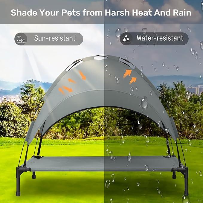 Heeyoo Elevated Dog Bed with Canopy, Portable Dog Cot with Removable Shade Tent, Outdoor Raised Pet Cot Cooling Bed for Dogs