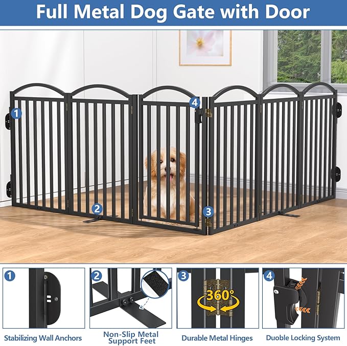 Malier Metal Freestanding Dog Gates with Door, 32'' Height Outdoor Indoor Dog Fences, Extra Wide Foldable Puppy Gate for Stairs (Black, 【6 Panels with Door】 120''W × 32''H)