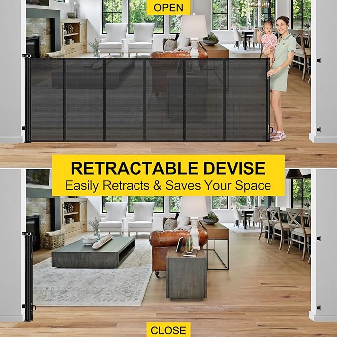 Reinforced 42” Tall x 100” Extra Wide Retractable Baby Gates for Doorways Extra Tall Pet Gate with Rods to Prevent Crawling Through, Dog Gate for Large Openings Extra Long Mesh Gate, Black
