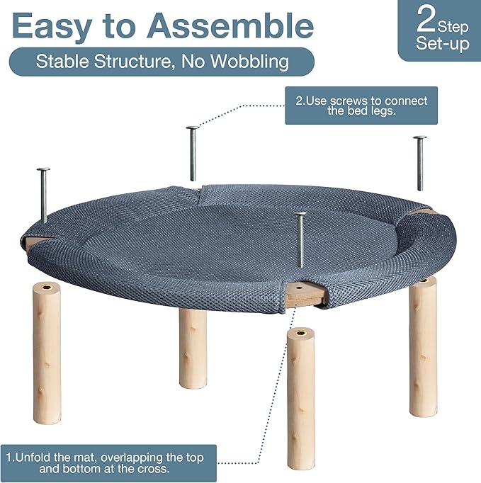 Wooden Elevated Cat Bed Hammock Breathable Scratch-Resistant Fabric, Pet Bed Suitable for Cats, Small Dogs, Rabbits up to 33 lbs, Grey (Medium, Round-Type)