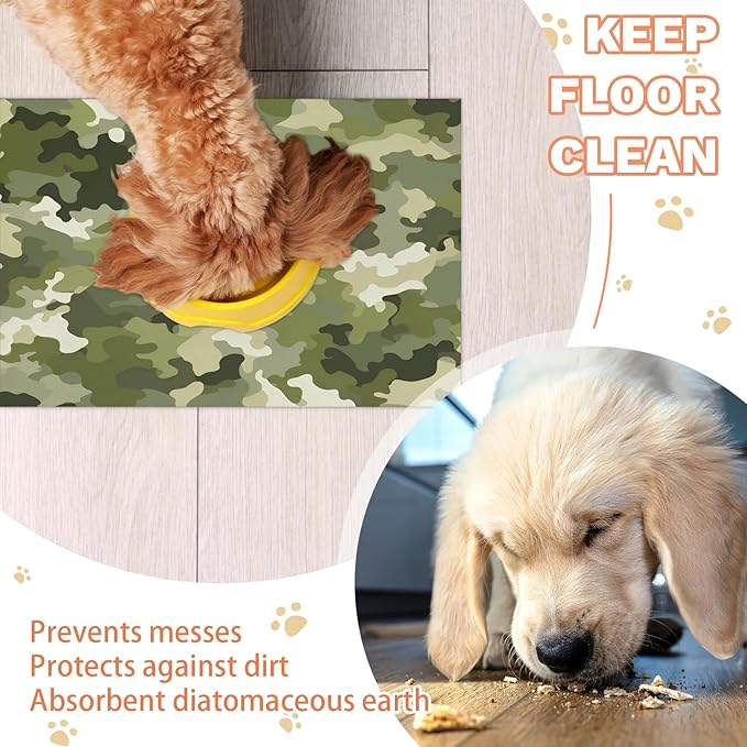 Camo Dog Food Mat for Floors Absorbent Dog Bowl Mat for Food and Water Dispenser Quick Dry Cat Food Placemat Pet Supplies 12" x 20", Camouflage