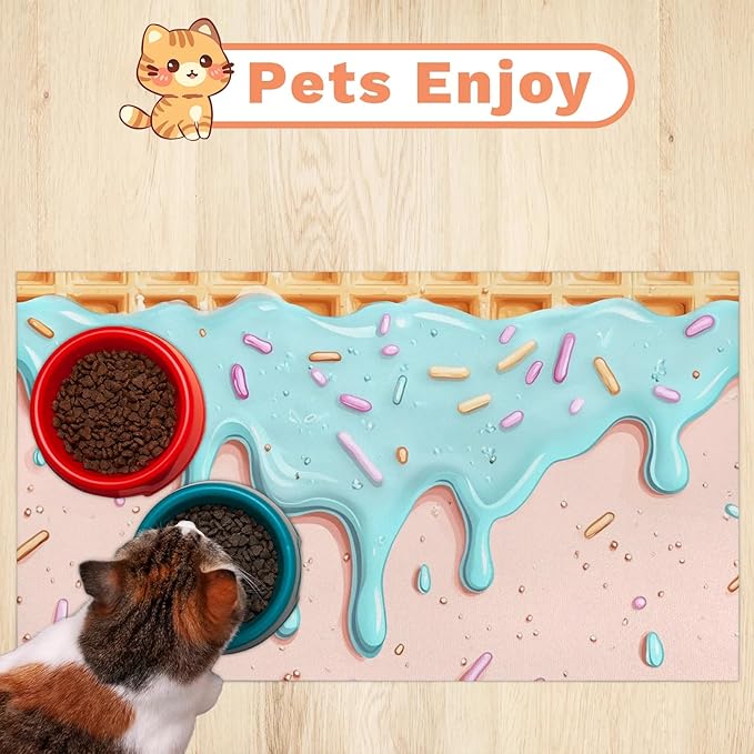 Teal Ice Cream Dog Food Mat for Floors Absorbent Dog Bowl Mat for Food and Water Dispenser Quick Dry Cat Food Placemat Pet Supplies 16" x 24", Waffle