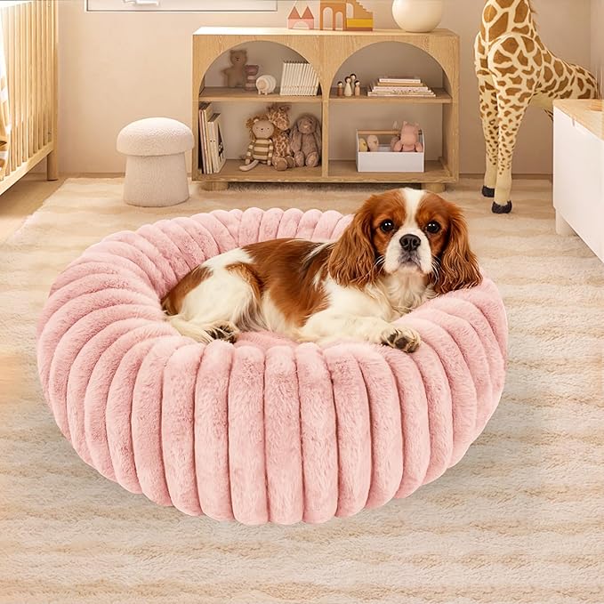 Washable Small Cat Dog Bed,Calming Anti Anxiety Round Donut Dog Bed,Fluffy Puppy Dogs Beds for Medium Small Dogs,Cute Kitten Cats Beds for Indoor Cats,Comfort Pet Beds for Medium Size Dog(Pink,M)
