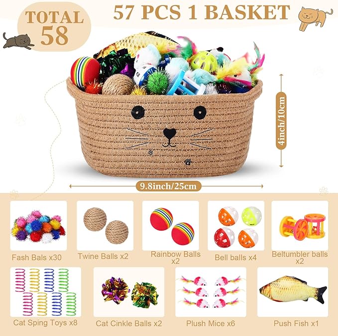 Zopeal 58 Pcs Easter Cat Storage Basket Gift Toys Set, Colorful Flashing Balls Pet Bell Crinkle Balls Spring Toys Attract Cat to Swat, Hunt, Interactive for Pet(Khaki,9.8 Inch)