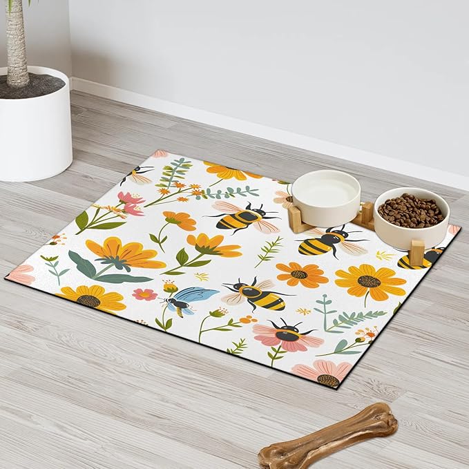 Spring Flower Dog Food Mat for Floors Absorbent, Quick Dry Water Dispenser Mat for Food, Water, Pet Supplies 12" x 20", Bee
