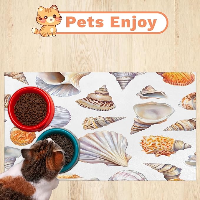 Seashell Dog Food Mat for Floors Absorbent Dog Bowl Mat for Food and Water Dispenser Quick Dry Cat Food Placemat Pet Supplies 16" x 24", Coastal Beach