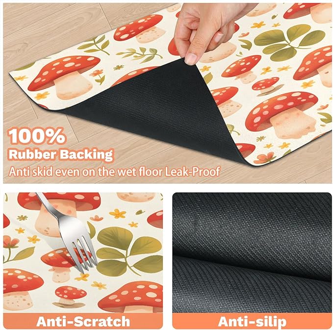 Red Mushroom Dog Food Mat for Floors Absorbent Dog Bowl Mat for Food and Water Dispenser Quick Dry Cat Food Placemat Pet Supplies 12" x 20", Green Leaf