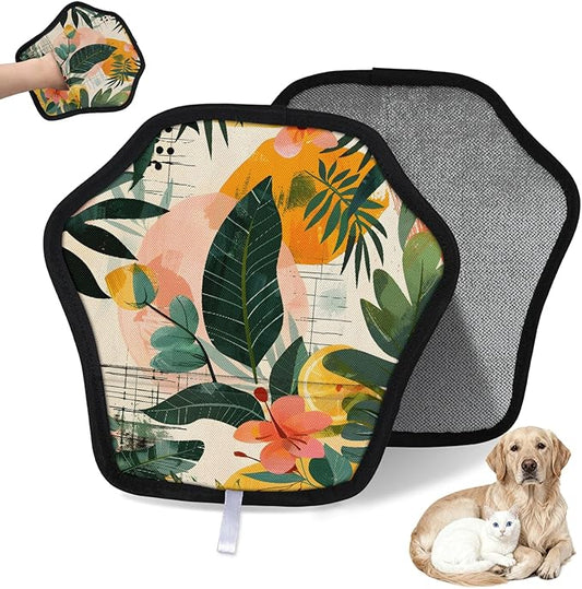 Reusable Pet Hair Removal Glove Tropical Palm Leaf Flower Magic Brush for Cat & Dog Hair Remover for Car, Sofa, Bedding, Clothes - 9x9 Mitt Washable