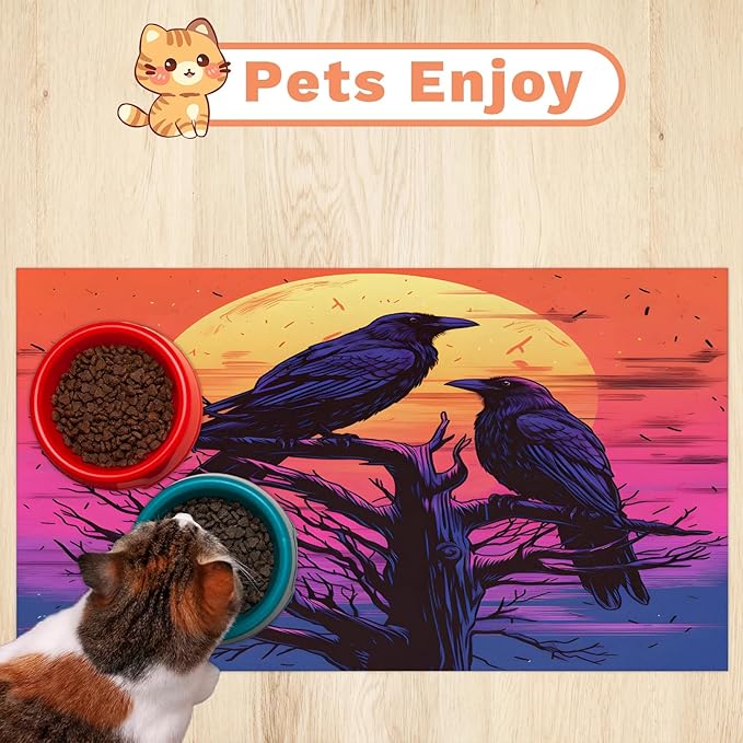 Halloween Crow Dog Food Mat for Floors Absorbent, Quick Dry Water Dispenser Mat for Food, Water, Pet Supplies 24" x 32", Full Moon