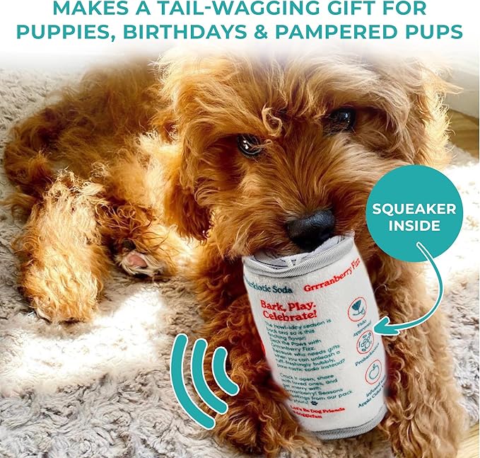 Haute Diggity Dog Puppi Solda Grrranberry Fizz Plush Dog Toy for Small, Medium & Large Dogs, Interactive Funny Parody Squeaky Toys, Soft, Durable, Machine-Washable, Safe & Cute Birthday Gift for Dogs