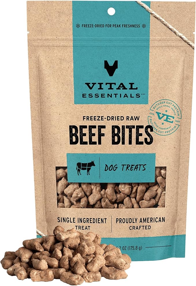 Vital Essentials Freeze Dried Dog Treats | Beef Bites, Single Protein | Premium Quality | Grain Free Training Treats for Dogs, 6.2 oz Bag