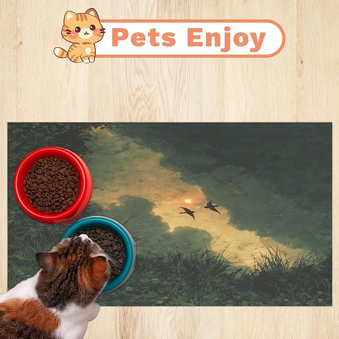 Grass Dog Food Mat for Floors Absorbent, Quick Dry Water Dispenser Mat for Food, Water, Pet Supplies 24" x 32", Forest