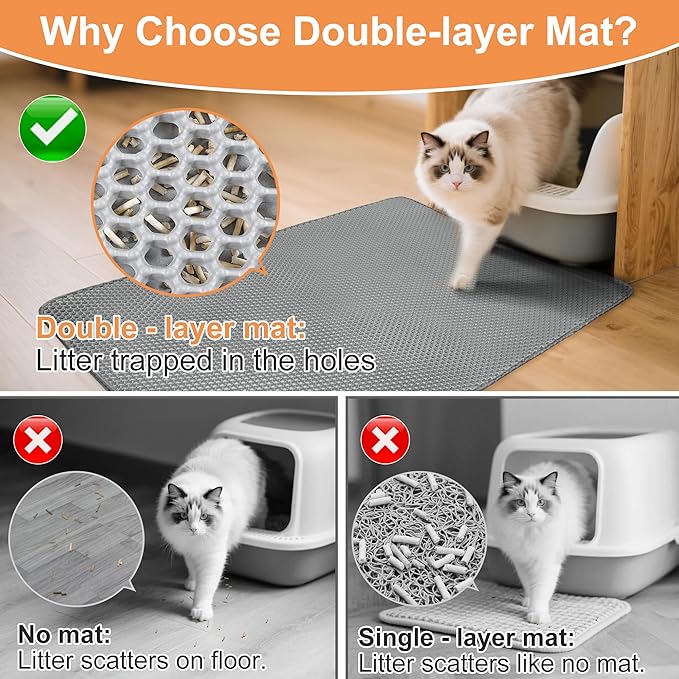 Cat Litter Mat XXL(47" x 38") - Large, Double-Layer, Non-Toxic, Easy Clean, Durable, Gray