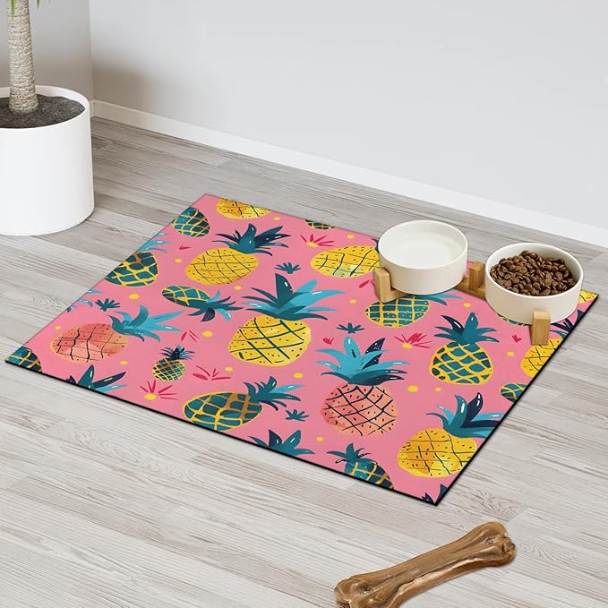 Pineapple Dog Food Mat for Floors Absorbent Dog Bowl Mat for Food and Water Dispenser Quick Dry Cat Food Placemat Pet Supplies 16" x 24", Cute Fruit Colorful