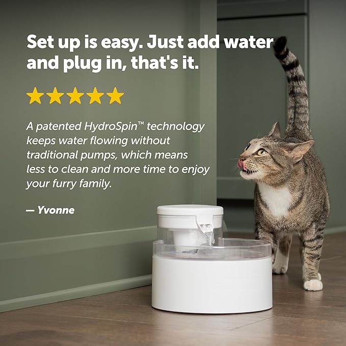 PetSafe Outlast Cat Fountain - Encourages Healthy Hydration - Pump-Free Design with HydroSpin Technology - Automatic Pet Water Bowl - Dishwasher-Safe - Long-Lasting - 60 oz