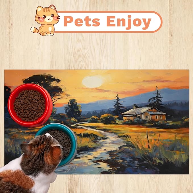 Nature Forest Dog Food Mat for Floors Absorbent, Quick Dry Water Dispenser Mat for Food, Water, Pet Supplies 16" x 24", Rustic Cabin