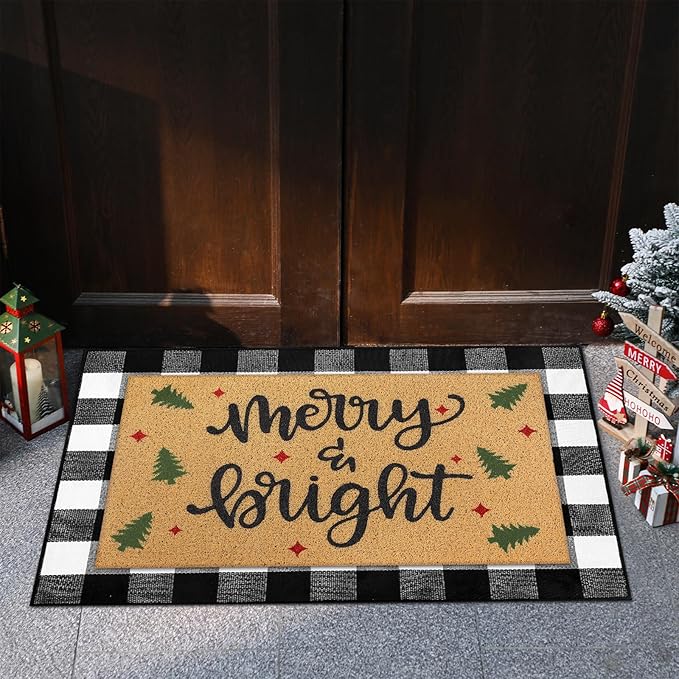 Tinideya 2 Pcs Christmas Welcome Door Mat Merry Bright Outdoor Welcome Mats for Front Door Non Slip Xmas Tree Coir Floor Mat Black White Check Christmas Rug for Outside Front Porch Entryway Decor