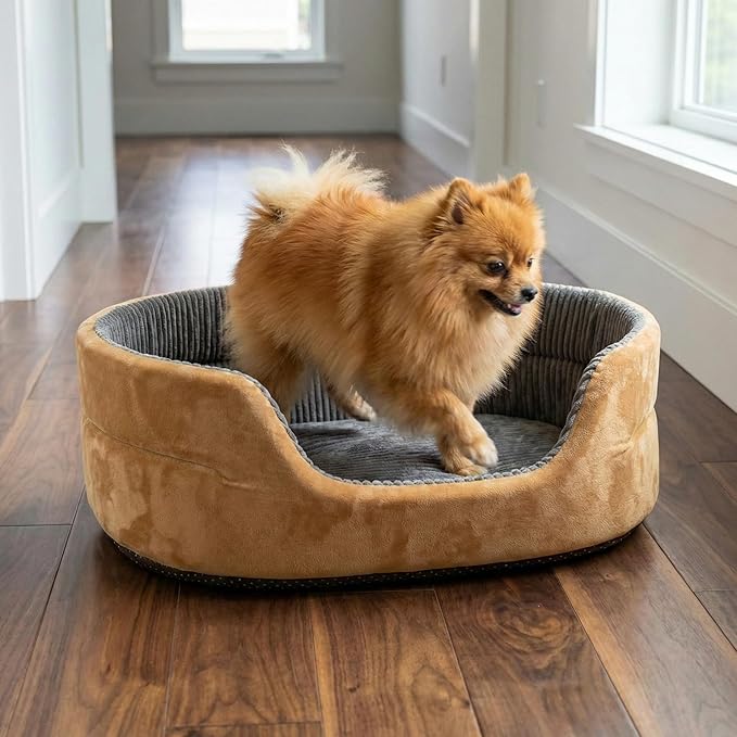 Small Dog Bed Cat Bed 16x20 Inch, Calming Pet Bed for Puppies, Teacup Dogs & Kittens, Half-Enclosed Open-Top Velvet Anti-Anxiety Bed, Machine Washable Cozy Snuggle Bed (Camel)