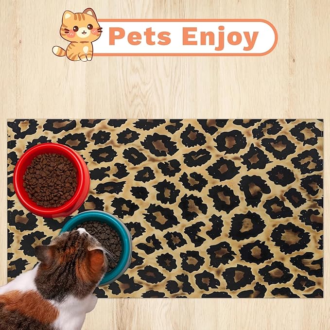 Leopardprint Dog Food Mat for Floors Absorbent Dog Bowl Mat for Food and Water Dispenser Quick Dry Cat Food Placemat Pet Supplies 12" x 20", Wild Safari Skin