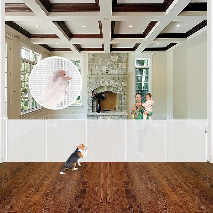 Reinforced 155 Inch Extra Wide Retractable Baby Gate with Reinforced Rods, 13 Feet Wide Retractable Dog Gate – Prevents Crawling Under, Extra Long Baby Gate Retractable Fence Outdoor Garage Gate/White