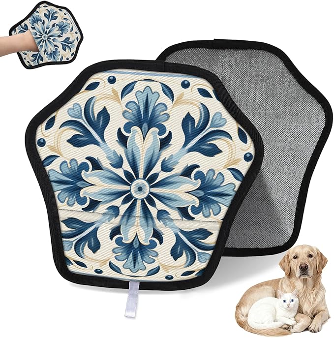 Reusable Pet Hair Removal Glove Blue Flower Magic Brush for Cat & Dog Hair Remover for Car, Sofa, Bedding, Clothes - 9x9 Mitt Washable