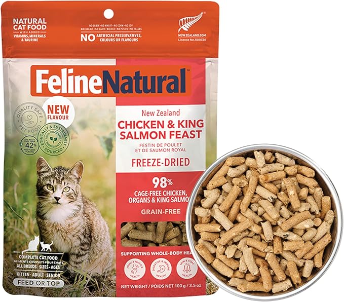 Feline Natural Freeze Dried Cat Food - Grain-Free and High Protein Cat Food from New Zealand, Complete Meal or Topper for Kittens, Adults, and Senior Cats, Chicken and King Salmon, 3.5oz
