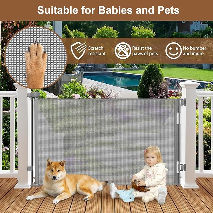 100" Wide Weatherproof Outdoor Retractable Dog Gate with No Rust Screws and Rods, Waterproof 8 Ft Retractable Baby Gates Extra Wide, Scratch-Resistant Mesh Long Baby Gates Indoor Extra Long, Gray