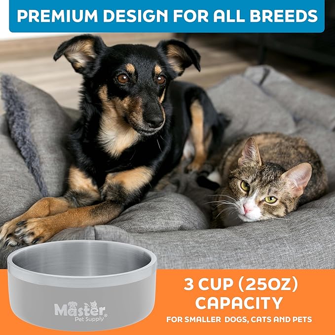 Master Pet Supply Stainless Steel Dog Bowls - 25 oz, Heavy Duty - Bone White, Double Wall Extra-Thick Insulated, Non-Slip Pet Water Bowl for Dogs, Cats & Pets, Anti Rust Metal, Dish Washer Safe