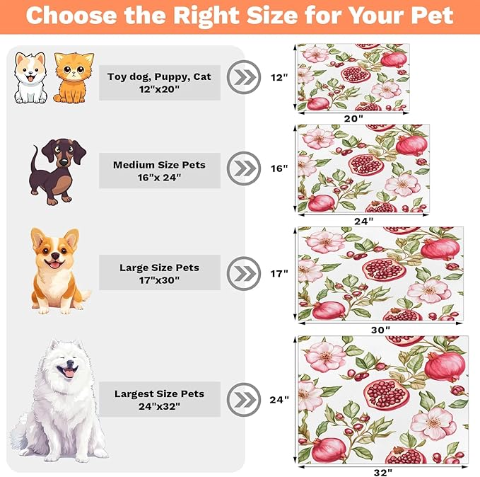 Pomegranate Fruit Dog Food Mat for Floors Absorbent Dog Bowl Mat for Food and Water Dispenser Quick Dry Cat Food Placemat Pet Supplies 24" x 32", Flower Leaves