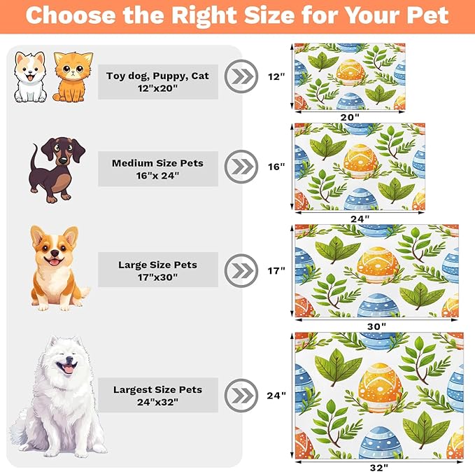 Happy Easter Dog Food Mat for Floors Absorbent Dog Bowl Mat for Food and Water Dispenser Quick Dry Cat Food Placemat Pet Supplies 17" x 30", Green Plant