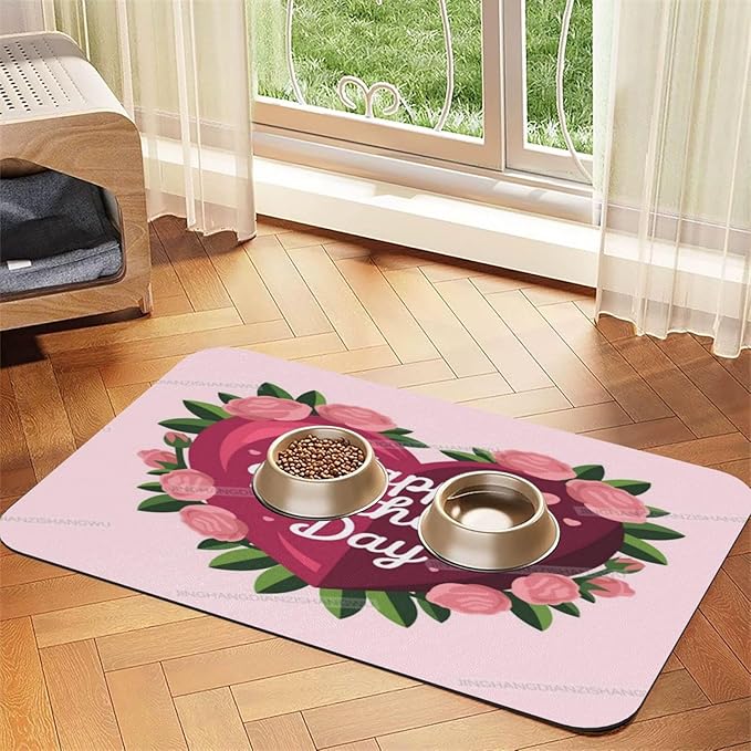Absorbent Dog Water Cat Mat for Food Water Bowl Quick Dry Happy Mother's Day Floral Gift for Mom Gf Pet Feeding Mats No Stains Dog Food Mat Pet Accessories Supplies Cat Bowl Mats 24x16In