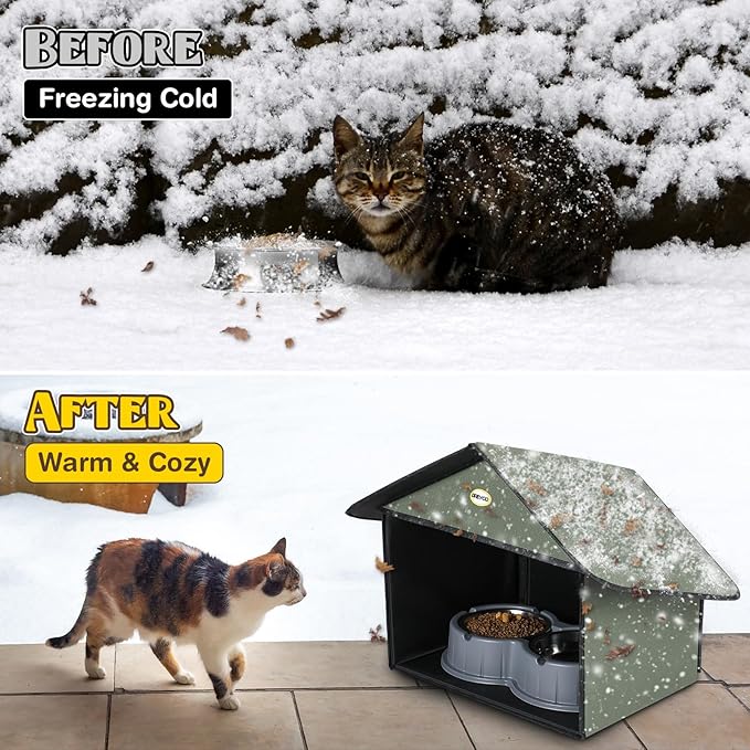 Dreyoo Outdoor Cat Feeding Station for Food & Water, Weatherproof Outdoor Kitty Dining Room Cat Shelter for Stray, Feral Cats and Community Cats, 13”d x 17”w x 15.5'h(2 Pack,Dark Green)