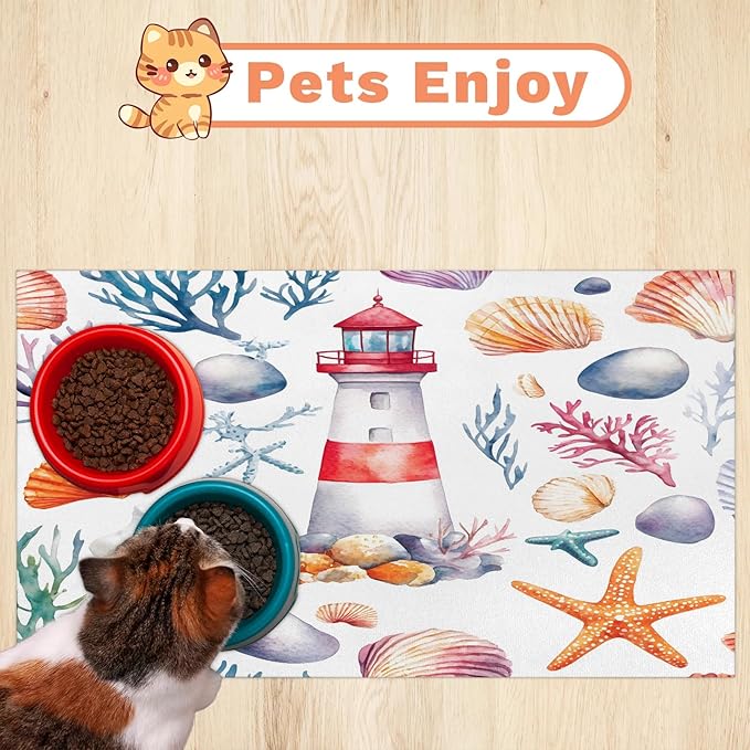 Coastal Lighthouse Dog Food Mat for Floors Absorbent Dog Bowl Mat for Food and Water Dispenser Quick Dry Cat Food Placemat Pet Supplies 16" x 24", Ocean Sea Starfish