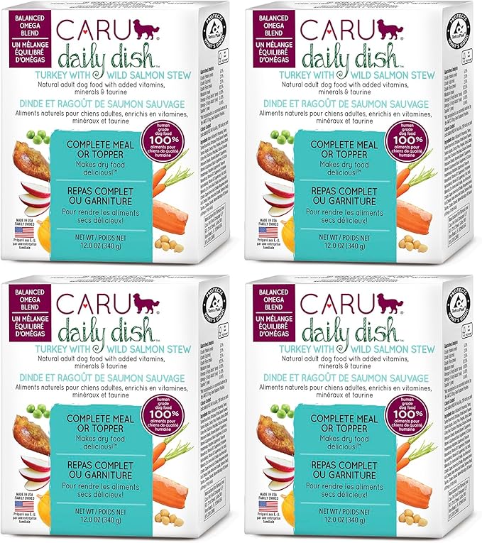 Caru - Daily Dish Turkey & Wild Salmon Stew - For Dogs - Supports Overall Pet Health - Wet Dog Food/Meal Topper -Human Grade Ingredients -Grain, Corn & Soy Free -Non-GMO -Made in USA -12oz - Pack of 4