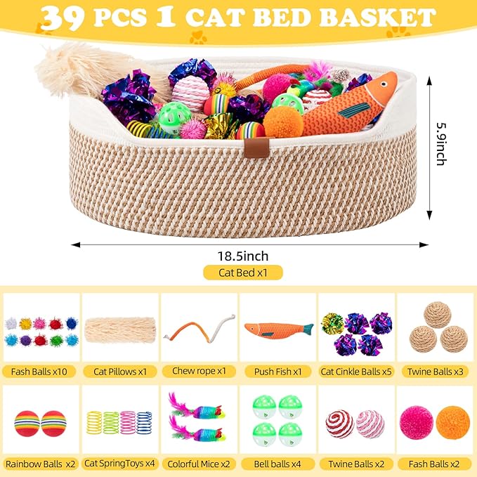 Leitee Valentine's Day Cat Bed Storage Basket with 40 Pcs Cat Variety Toys Pack Set Includes Pillows, Spring Toy, Chew Rope and Balls for Kitten Kitty Swat Hunt Interactive Pet(White,Yellow)