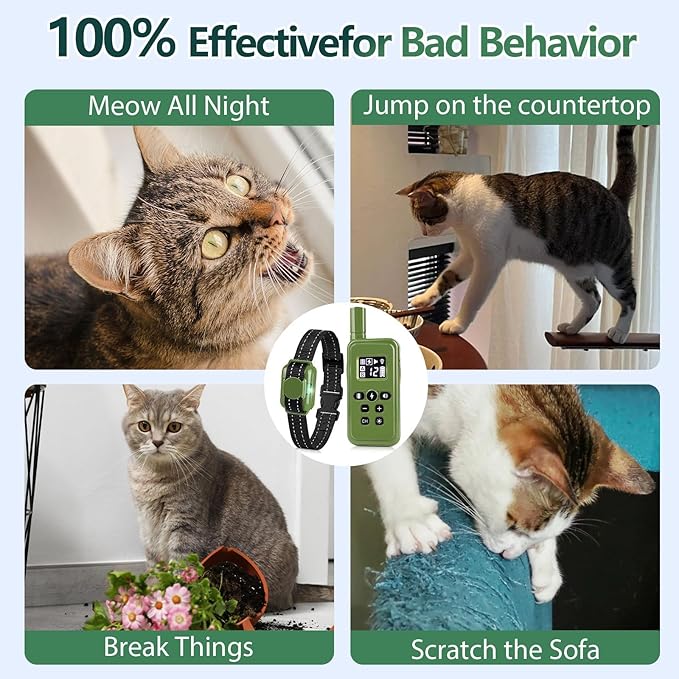 Cat Shock Collar, Ultra-Light & Thin Cat Training Collar with 2000ft Remote, Tailored for Cats & Small Dogs, 99-Level Precise Training to Stop Meowing, Effective for Bad Behavior，Green
