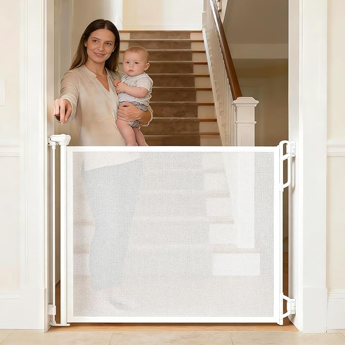 Retractable Safety Baby Gate or Mesh Dog Gate,Durable Portable Mesh Retractable Gate,Easy to Use for Stairs, Doorways, Hallways, Indoor, Outdoor, 33.5" Tall, Extends to 55" Wide,White
