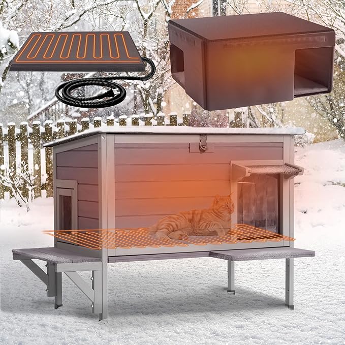 GUTINNEEN Heated Cat House for Outside, Outdoor Cat House Insulated with Bite-Resistant Wires, Detachable Lining, Expandable Feral Cat Shelter with Weatherproof Roof