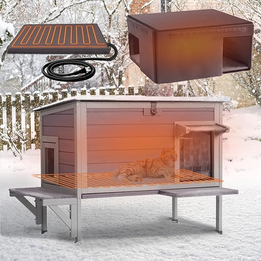GUTINNEEN Heated Cat House for Outside, Outdoor Cat House Insulated with Bite-Resistant Wires, Detachable Lining, Expandable Feral Cat Shelter with Weatherproof Roof