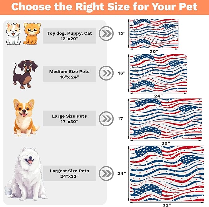 4th of July Dog Food Mat for Floors Absorbent Dog Bowl Mat for Food and Water Dispenser Quick Dry Cat Food Placemat Pet Supplies 16" x 24", American Stars