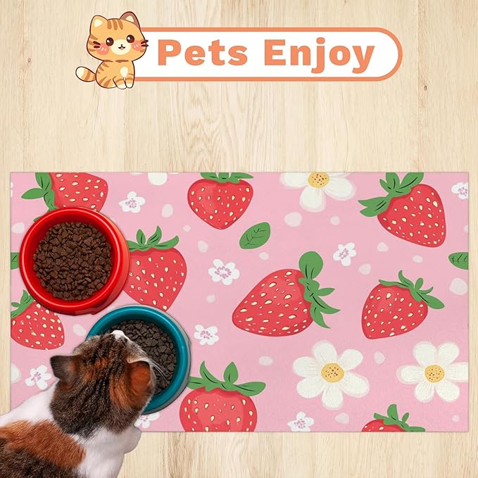 Red Strawberry Dog Food Mat for Floors Absorbent Dog Bowl Mat for Food and Water Dispenser Quick Dry Cat Food Placemat Pet Supplies 12" x 20", Cute Flower