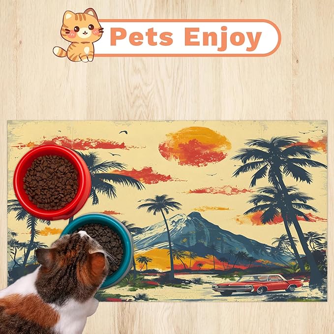 Palm Tree Dog Food Mat for Floors Absorbent, Quick Dry Water Dispenser Mat for Food, Water, Pet Supplies 12" x 20", Mountain