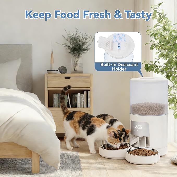 DUMOS Automatic Cat Feeder for 2 Cats, 6L Timed Cat Food Dispenser with 2 Stainless Bowls, 10s Voice Recorder, Dual Power Supply, 6 Meals 50 Portions Per Day, Dual Pet Feeder for Cat and Dog, White