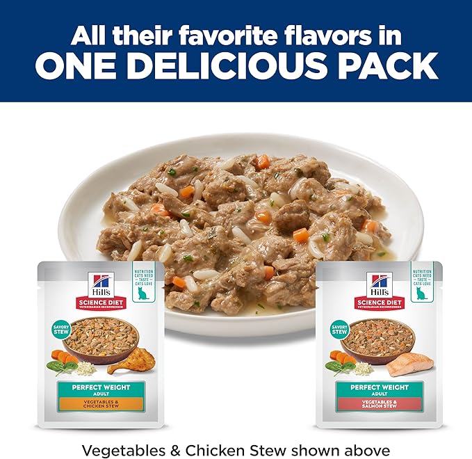 Hill's Science Diet Adult 1-6 Perfect Weight Wet Cat Food, Variety Pack: Chicken & Vegetables, Salmon & Vegetables Stew, 2.8 oz. Pouch, 12-Pack