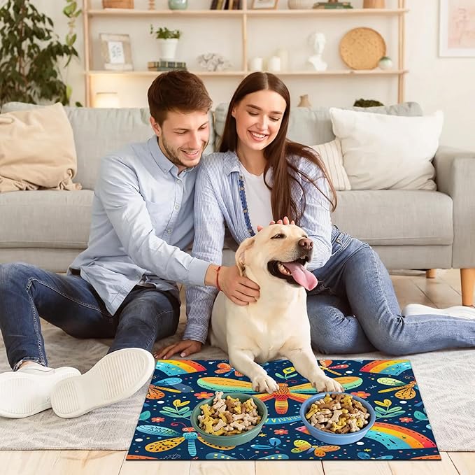 Colorful Dragonfly Dog Food Mat for Floors Absorbent, Quick Dry Water Dispenser Mat for Food, Water, Pet Supplies 16" x 24", Spring Flower